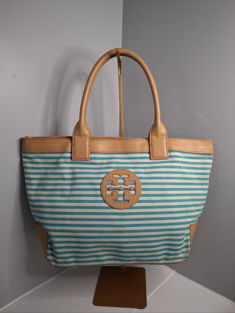 Tory Burch Teal and Cream Striped Tote with Tan Leather Trim